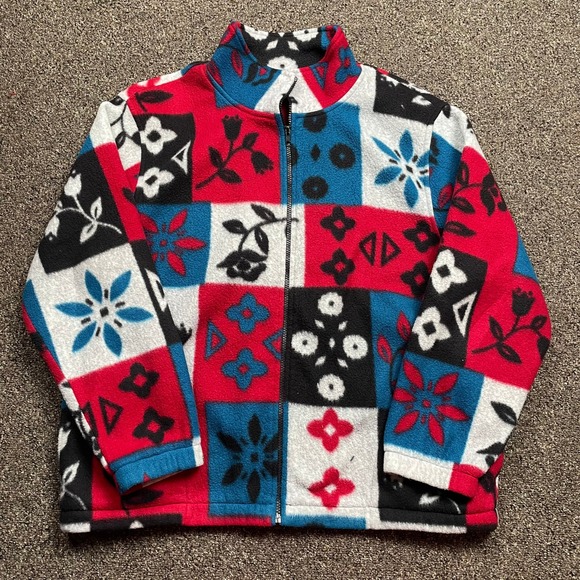 Jackets & Blazers - Vintage Style Patchwork Floral Fleece Jacket Red Blue Full Zip Mock Neck L